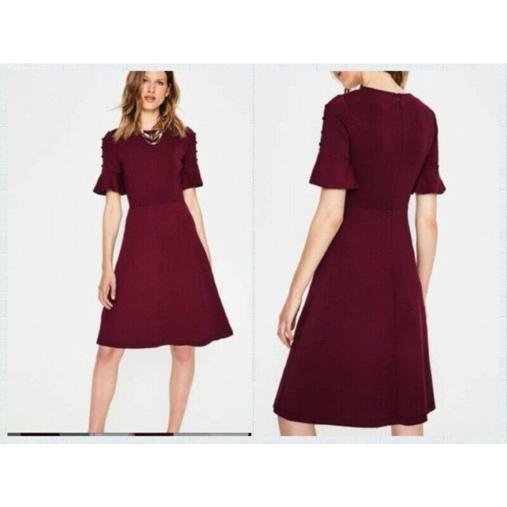 Boden Alexis Jersey Dress sz 14R Mulled Wine Fit Flare Short Sleeve Midi Knee